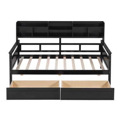Daybed, Slat Support, With Bedside Shelves And 2 Drawers