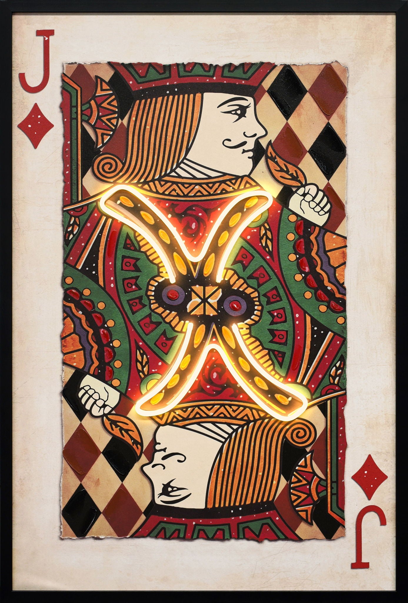 Royal Card III Hand-Embellished LED Canvas In Frame - Black / Red