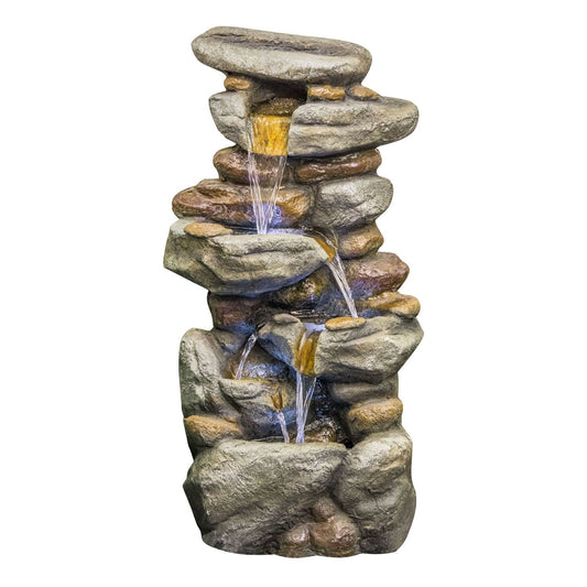 Stacked Rock Waterfall Fountain With LED Lights For Garden - Gray