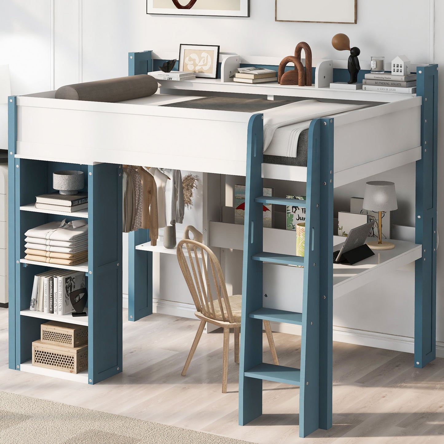 Loft Bed With Built In Storage Shelves, Clothes Rail, And Desk