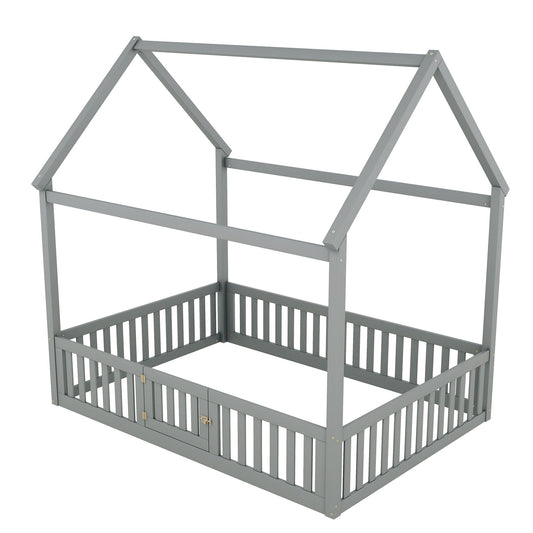 Wood House Bed With Fence And Door