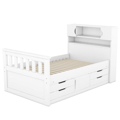 Captain Platform Bed Frame With Storage Bookcases, Shelves, And 4 Drawers