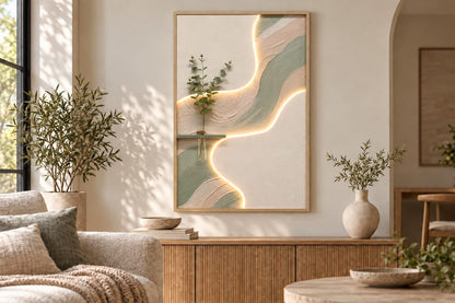 Sage Ribbon II - 33 X 48 - Hand-Painted Neon Canvas In Frame - White
