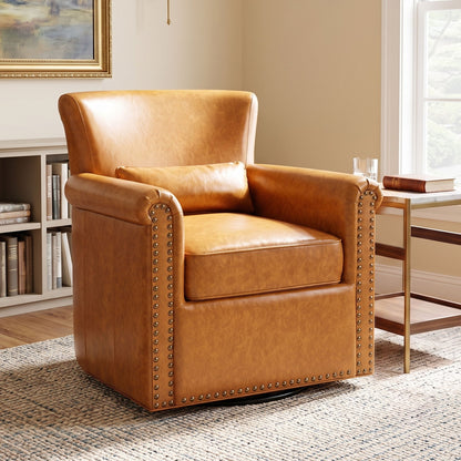 Swivel Accent Chair With Rolled Arm, Sewn Pillow Back, Nailhead Trim For Living Room