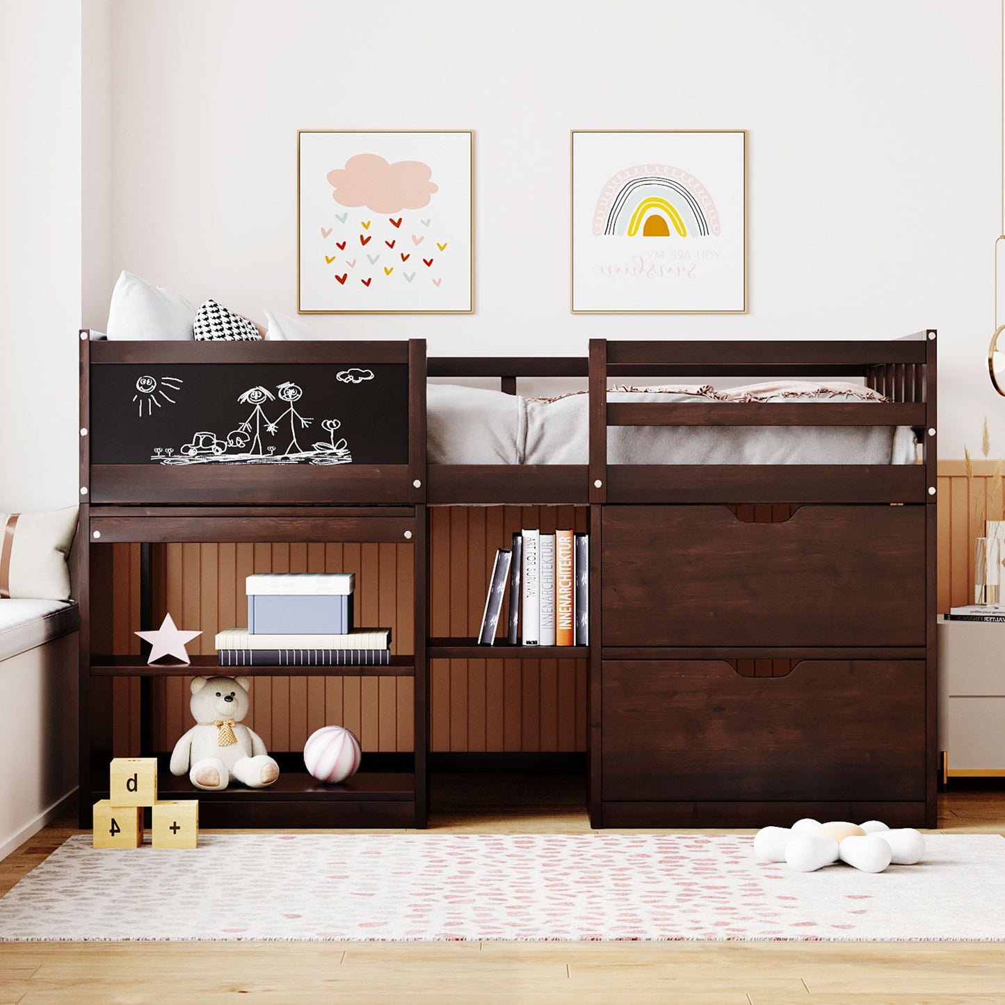 Low Loft Bed With Rolling Desk, Shelf And Drawers