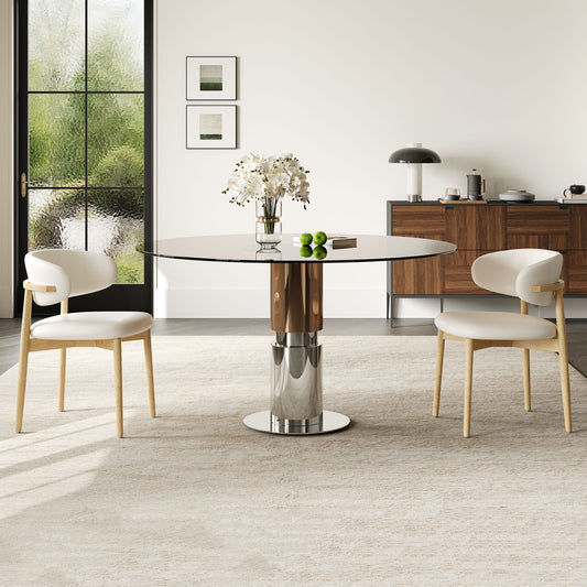 Round Dining Table & Tempered Glass Top - Brown