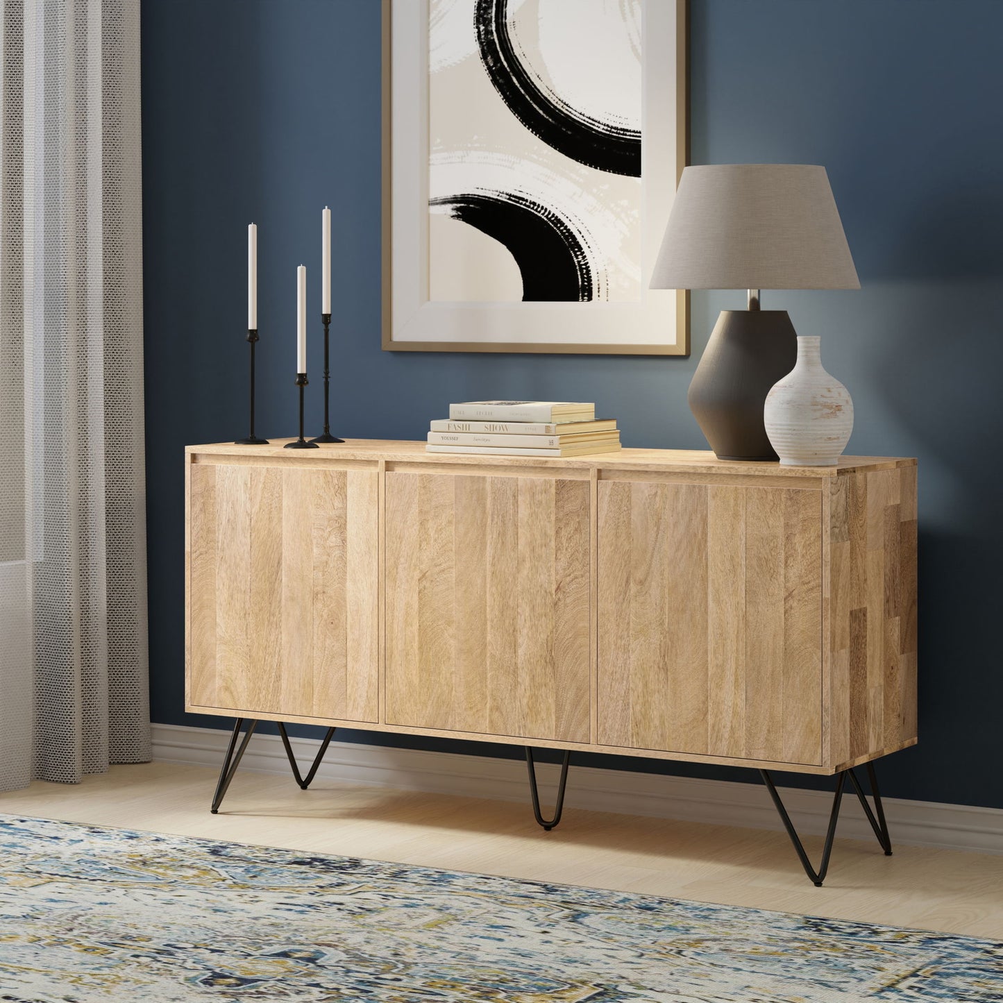 Hunter - 3 Door Sideboard Buffet With Hairpin Legs - Natural