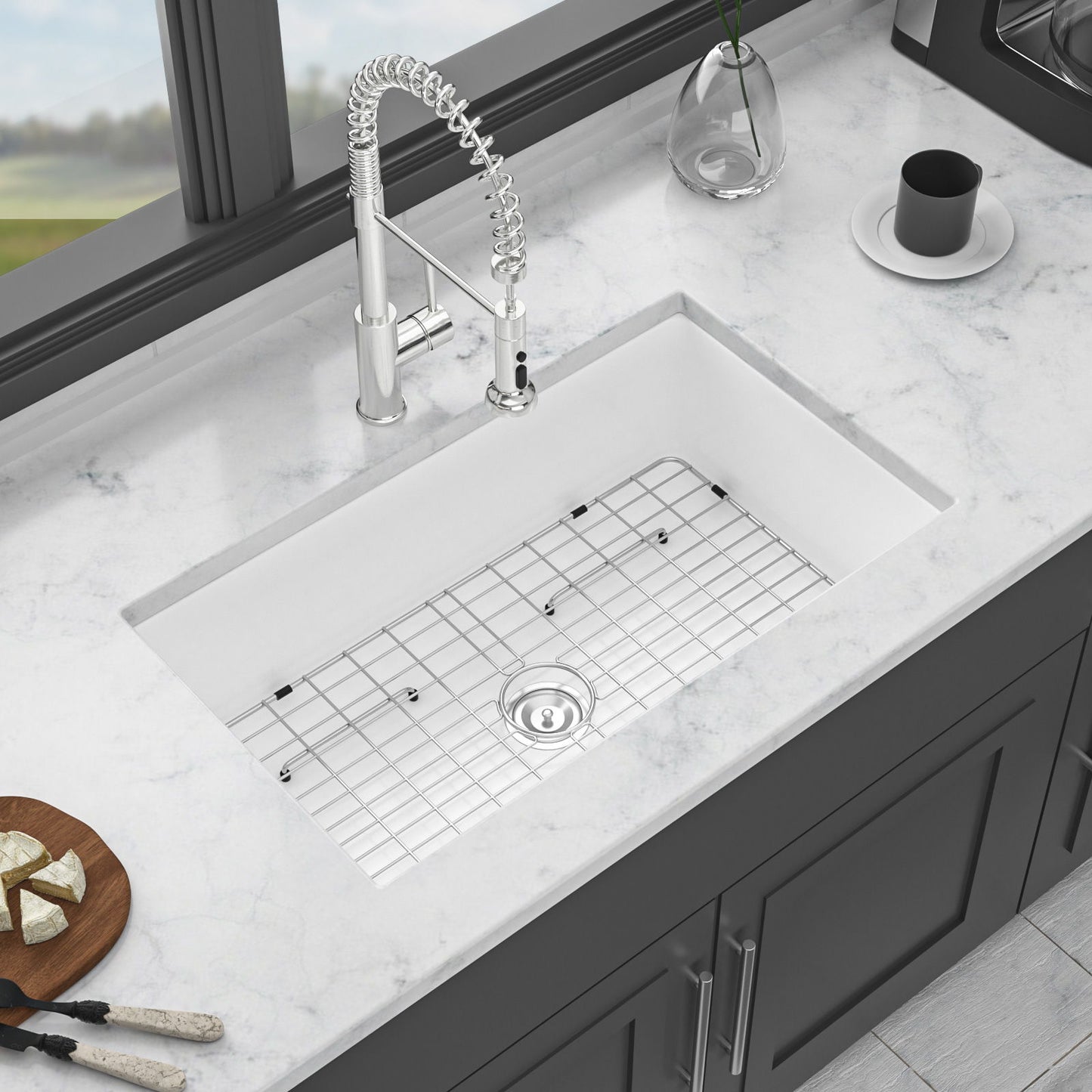 Elegant Farmhouse Apron Front Ceramic Single Bowl, Kitchen Basin