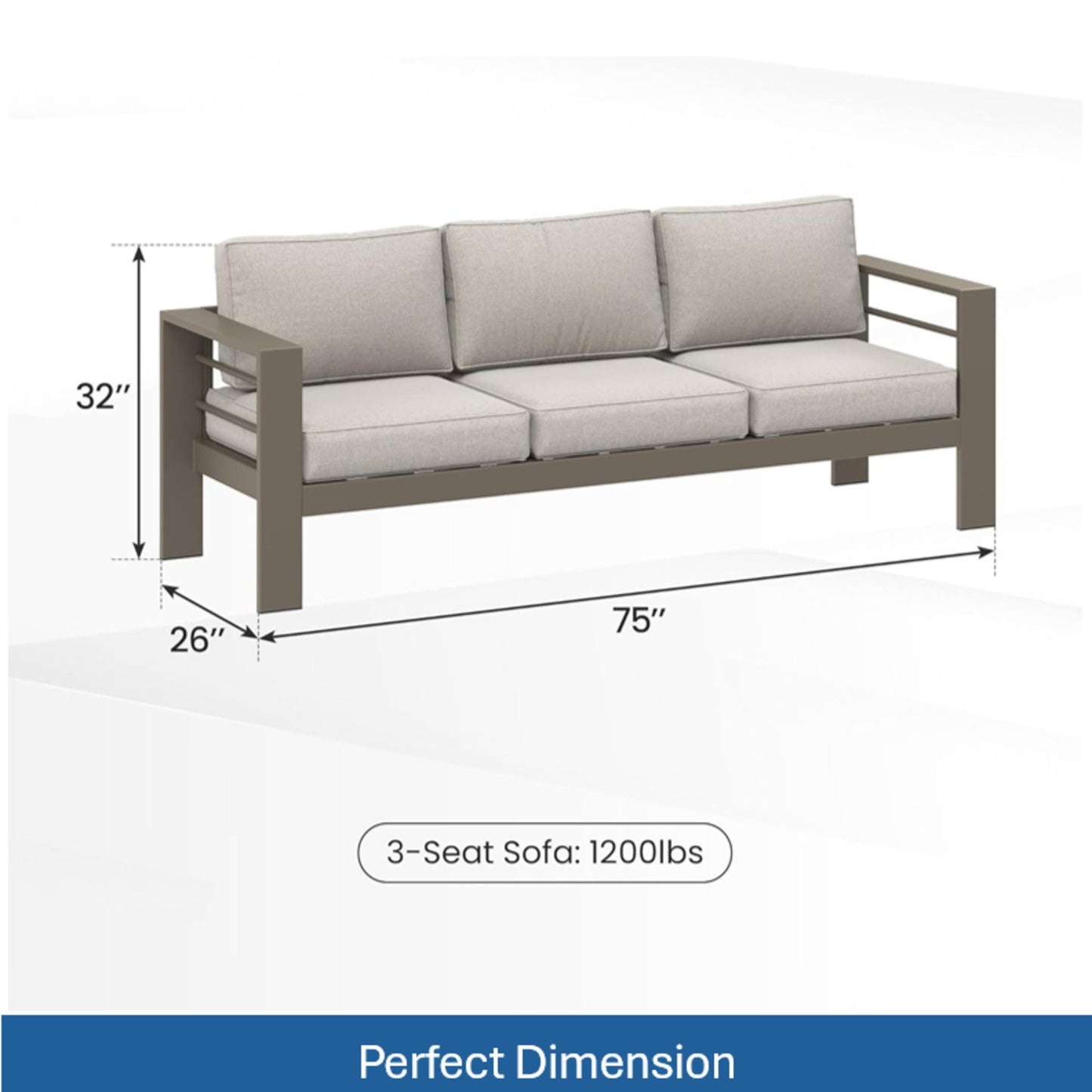 All-Weather Patio Sofa With Cushions, 3 Seat Outdoor Couch