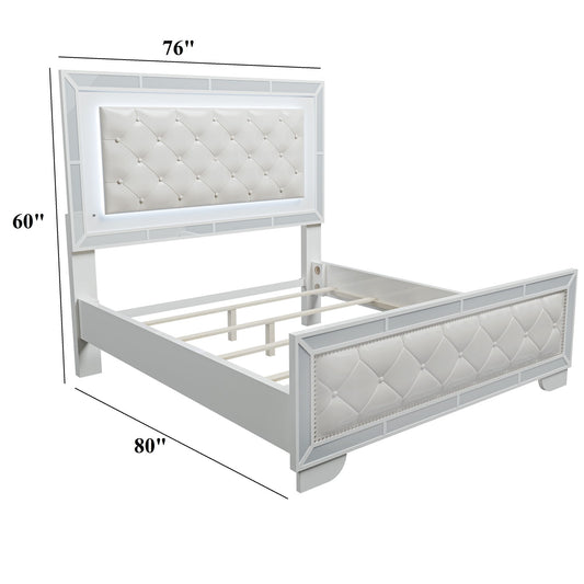 Eastern King Size Bed With LED Lights And Mirror Trim - Cream / Ivory