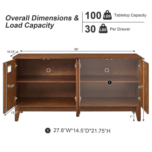 TV Stand With Carved Geometric Doors Storage Cabinet, 4 Door Media Console For Living Room - Walnut