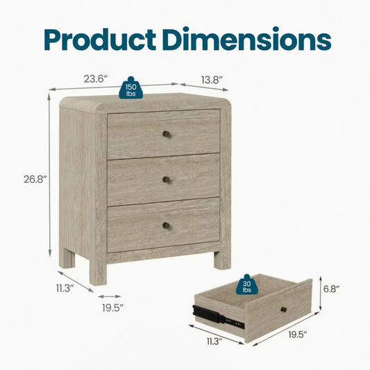 3 Drawer Chest Of Drawers With Soft Close Glides Rounded Corners Handles - Natural