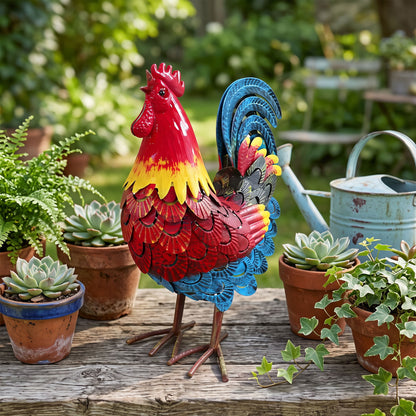 Wrought-Iron Rooster Garden Statue, Metal Rooster Sculpture, Ideal For Landscape Decoration And As A Focal Point For Outdoor Lawns, Farms, And Backyards.