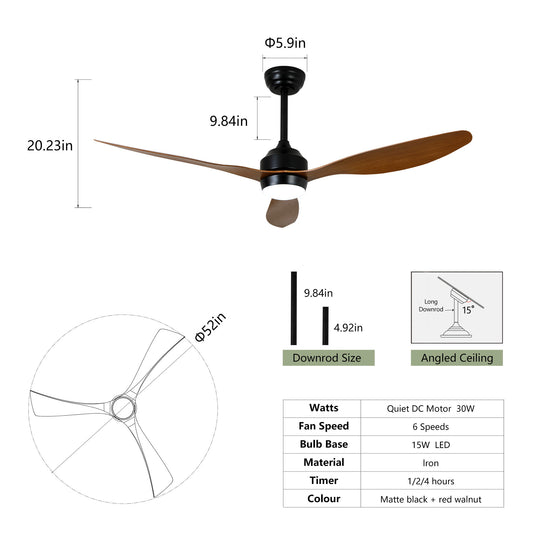 Ceiling Fan With Lights Quiet DC Motor 3 Blade Ceiling Fans 6 Speed Levels, Reversible Ceiling Fan - Matte Black / Wood