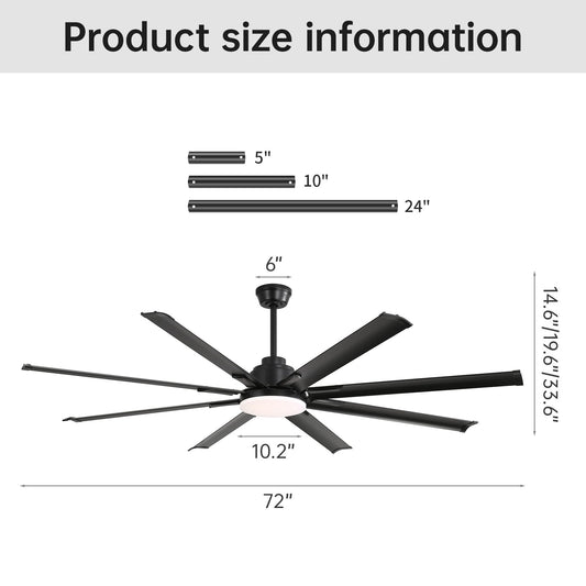 72" Large Design Ceiling Fan With Smart Remote Control, 6 Wind Speed DC Motor For Living Room - Black