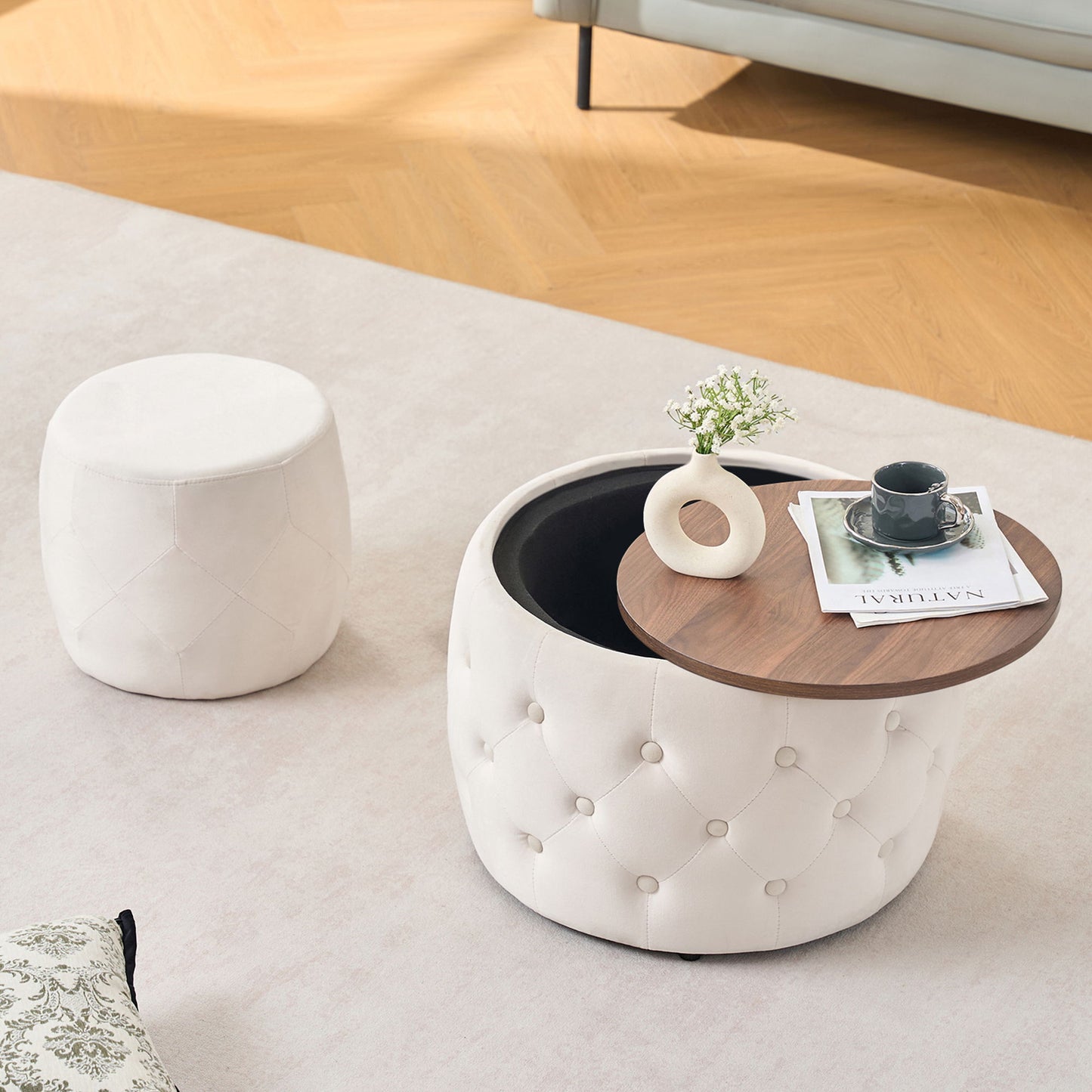 Nesting Ottomans 2 Piece With Tray, 4 In 1 Function