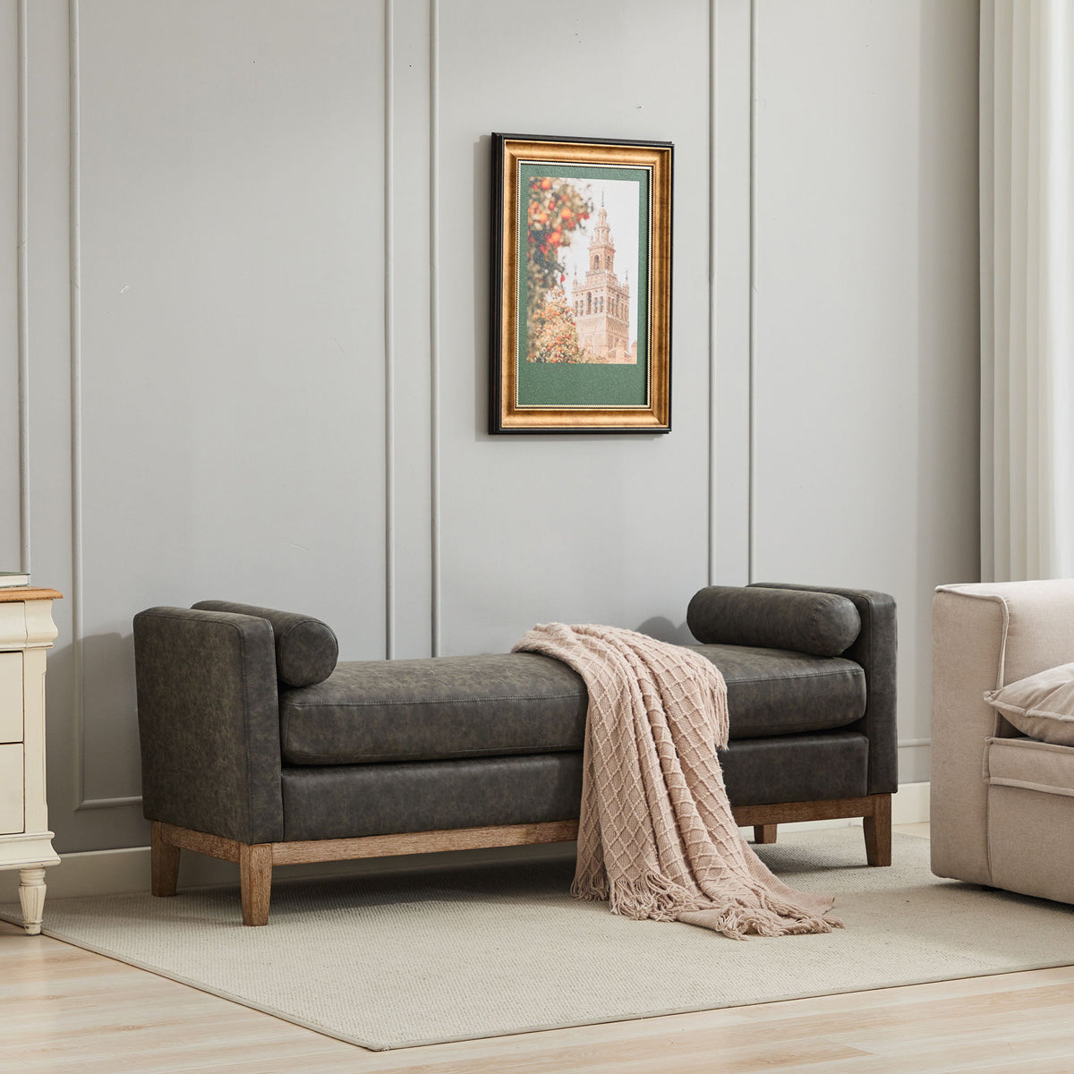 Upholstered End Of Bed Bench With Arms & 2 Bolsters For Bedroom