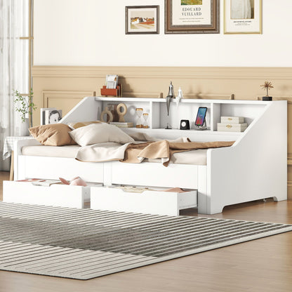 Daybed Frame With Storage Bookcases, 2 Drawers, Charging Station