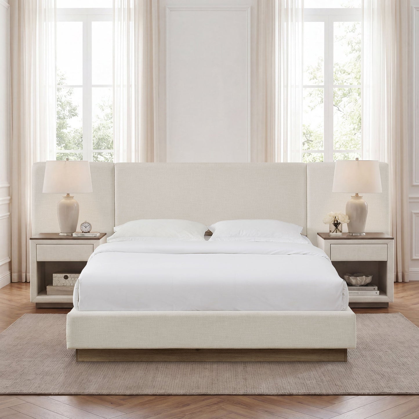 Muse - Queen Upholstered Platform Bed Frame - Ivory / Light Gray / Camel Oak
