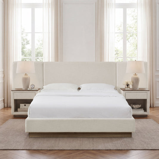 Muse - Queen Upholstered Platform Bed Frame - Ivory / Light Gray / Camel Oak