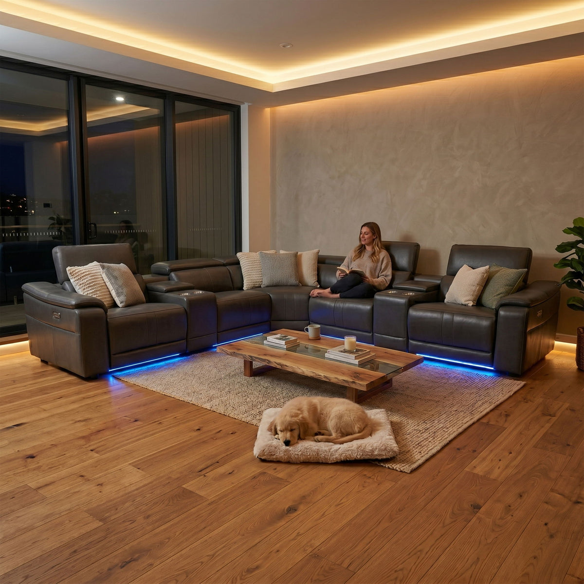 L - Shaped Recliner Sectional Sofa With Bluetooth Speakers, Wireless Charging, LED Lights