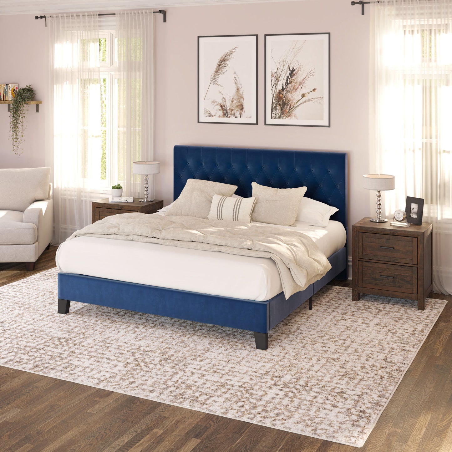 Queen Upholstered Bed - Blue - Fabric
