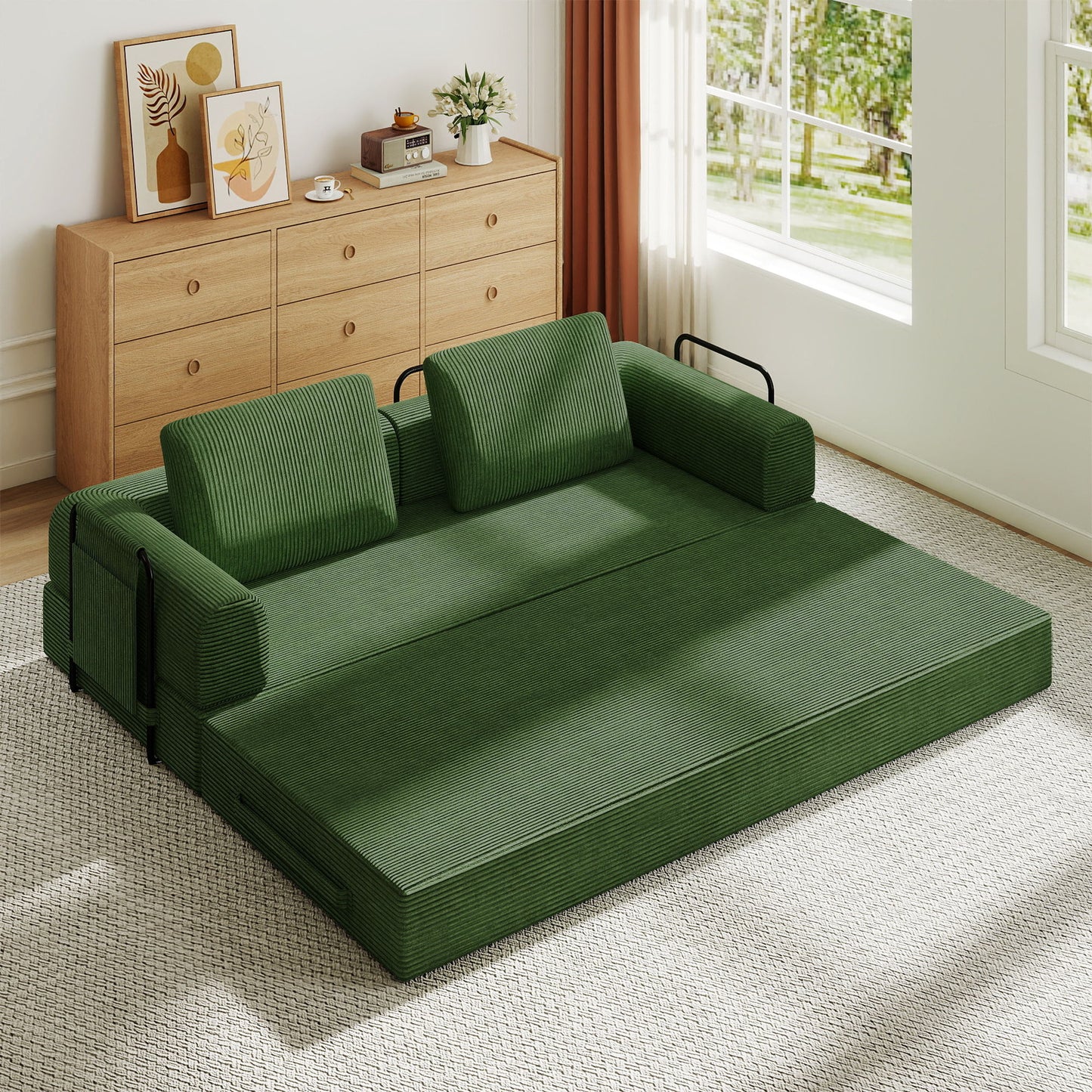 Convertible Sleeper Sofa Bed With Cylindrical Pillow, Fixed Shape Frame