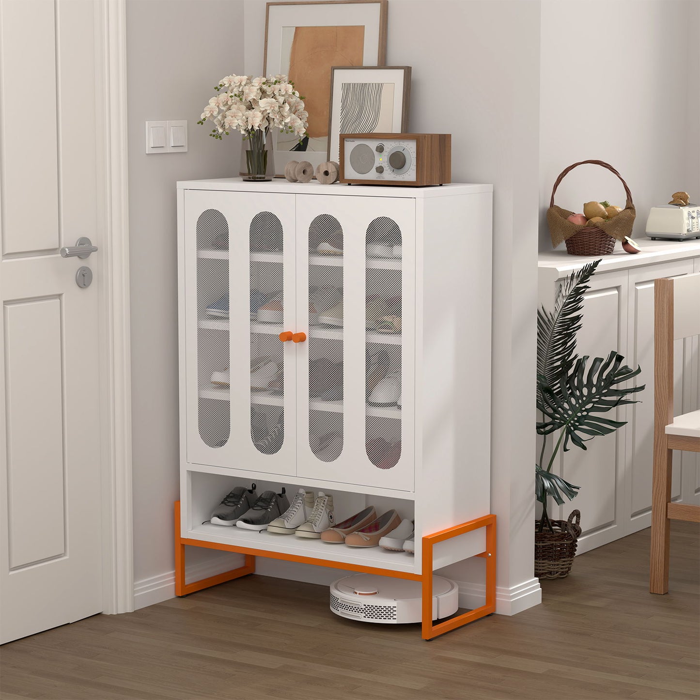Modern Metal Shoe Cabinet With DoublebSided Doors And Adjustable Partitions