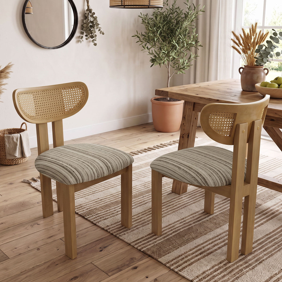 Striped Upholstered Rattan Back Dining Chairs (Set of 2)