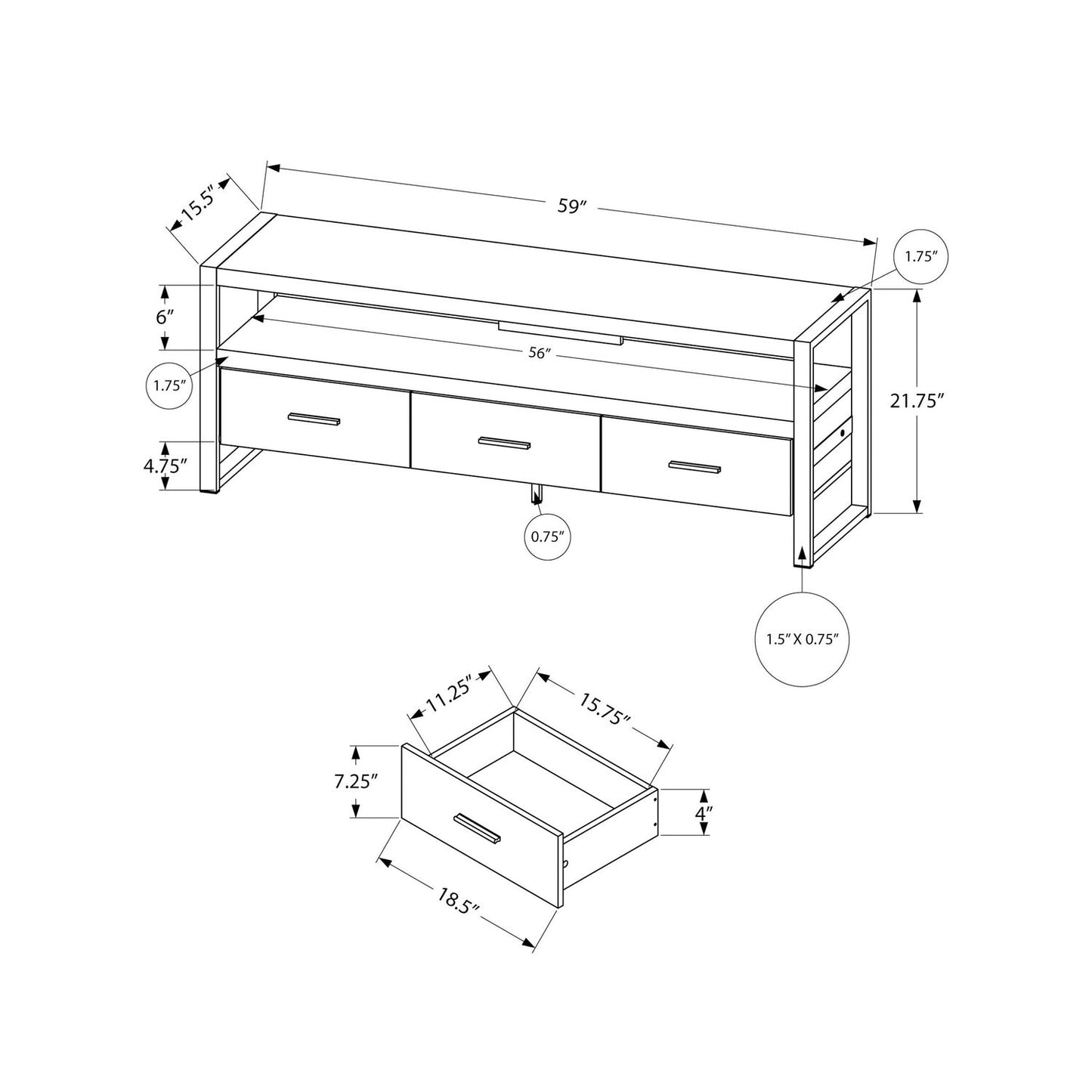 TV Stand, Console, Media Entertainment Center, Storage Drawers, Modern
