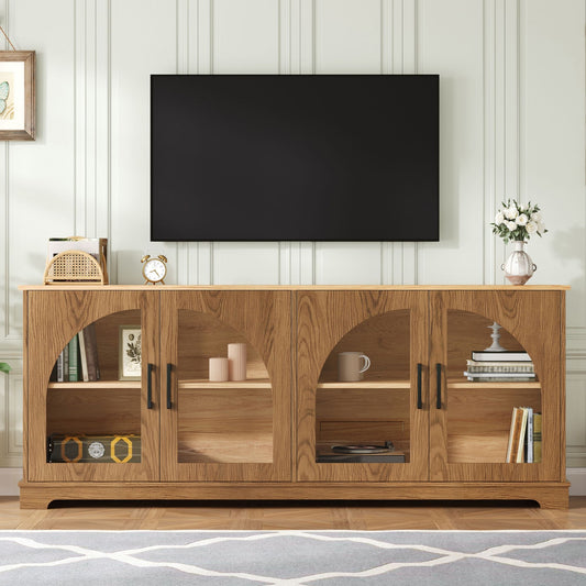 TV Stand With Semi Arched Glass Doors, Media Console With Adjustable Shelves For Living Room - Brown