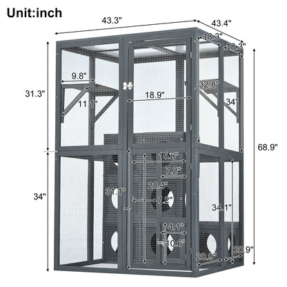 Outdoor Cat House With Shelves And Weather Protection, Removable Wood Boxes - Gray