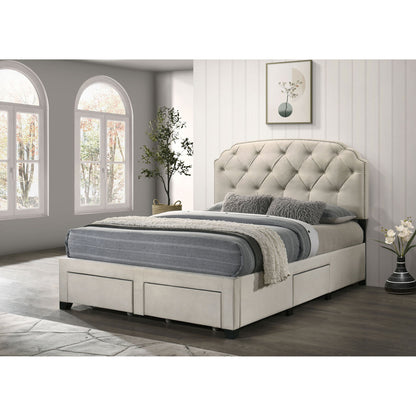 4 Drawer Upholstered Queen Storage Bed With Button Tufting And Nailhead Trim - Cream
