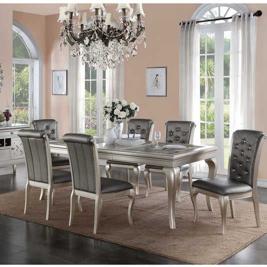 Rectangle Dining Table With Glass Top And 6 Tufted Back Chairs - Gray / Silver