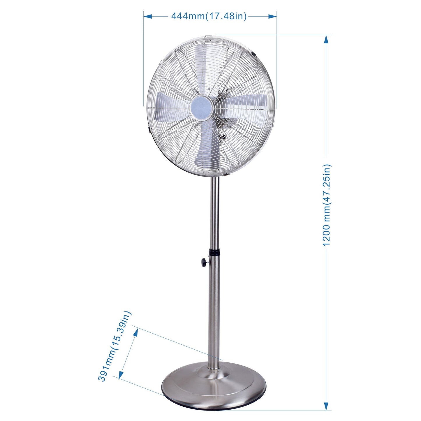 Stand Fan, 4 Blades, Rotary Knob Switch, Oscillation Function, Tilting Angle - Chrome