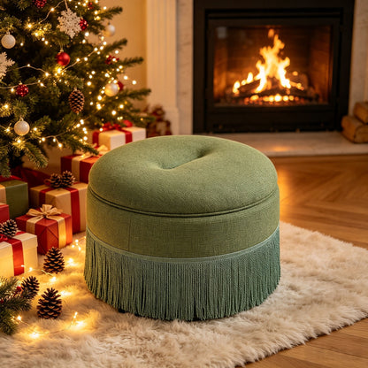 Round Storage Ottoman With Tassel, Decorative Accent Pouf For Living Room