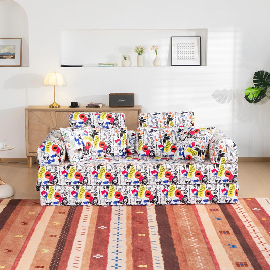Pop Graffiti Printed Convertible Sleeper Sofa Bed, Foldable Multi Functional Couch For Living Room - White