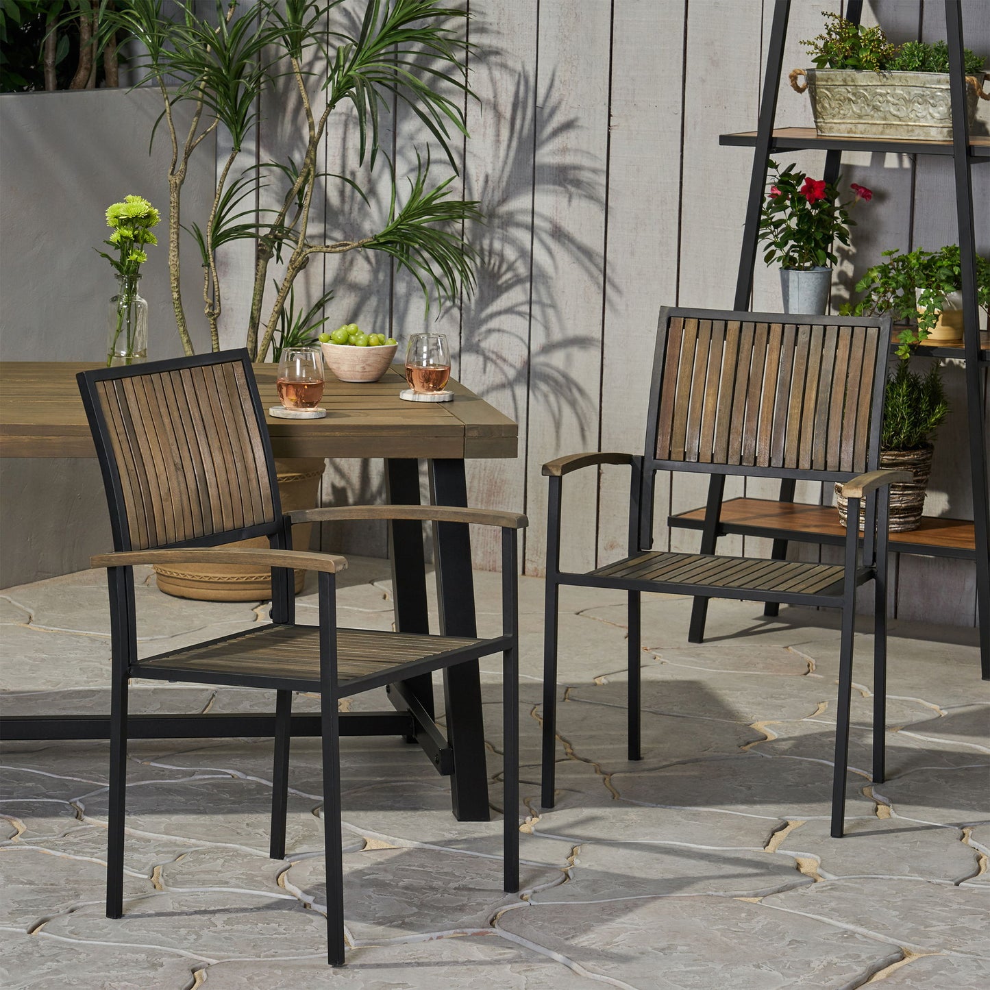 Vermilion - Outdoor Dining Chair With Vertical Slat And Wooden Arm