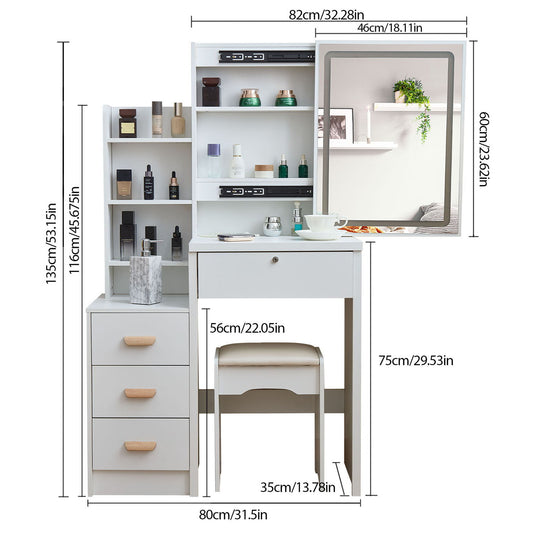 Vanity Set With LED Mirror, Storage Dressing Table & Cushioned Stool - Cream White