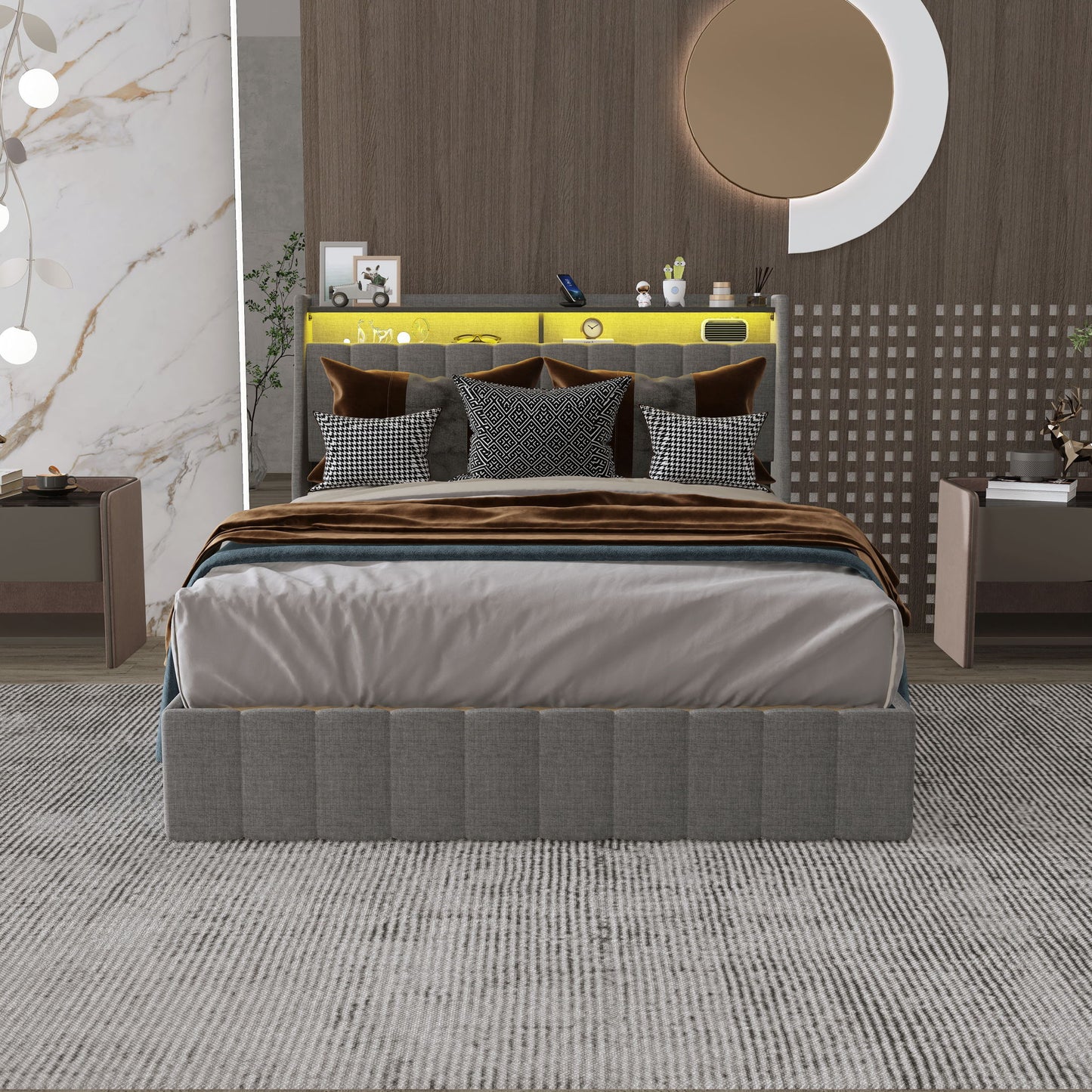 Bed With LED Lights, 4 Drawers, Winged Headboard Upholstered