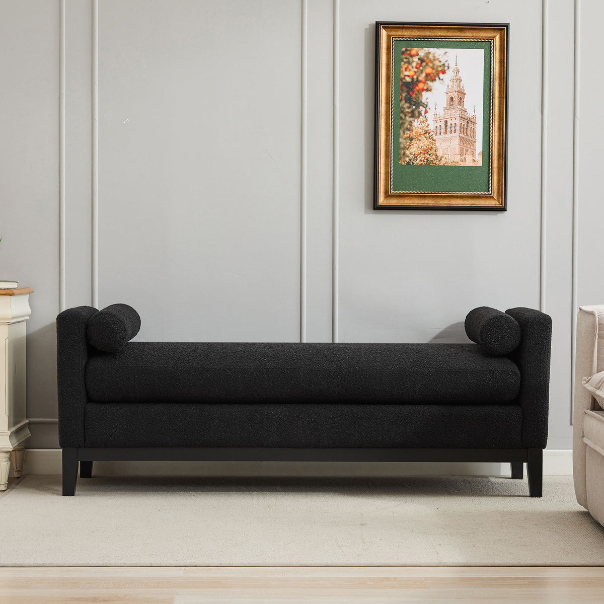Upholstered End Of Bed Bench With Arms & 2 Bolsters For Bedroom