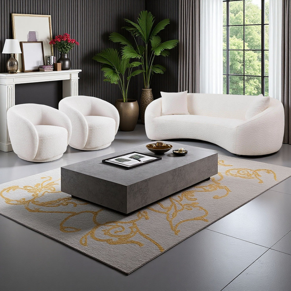 3 Piece Set Curved Sofa, Upholstered 3 Seater With Tight Curved Back For Living Room - White