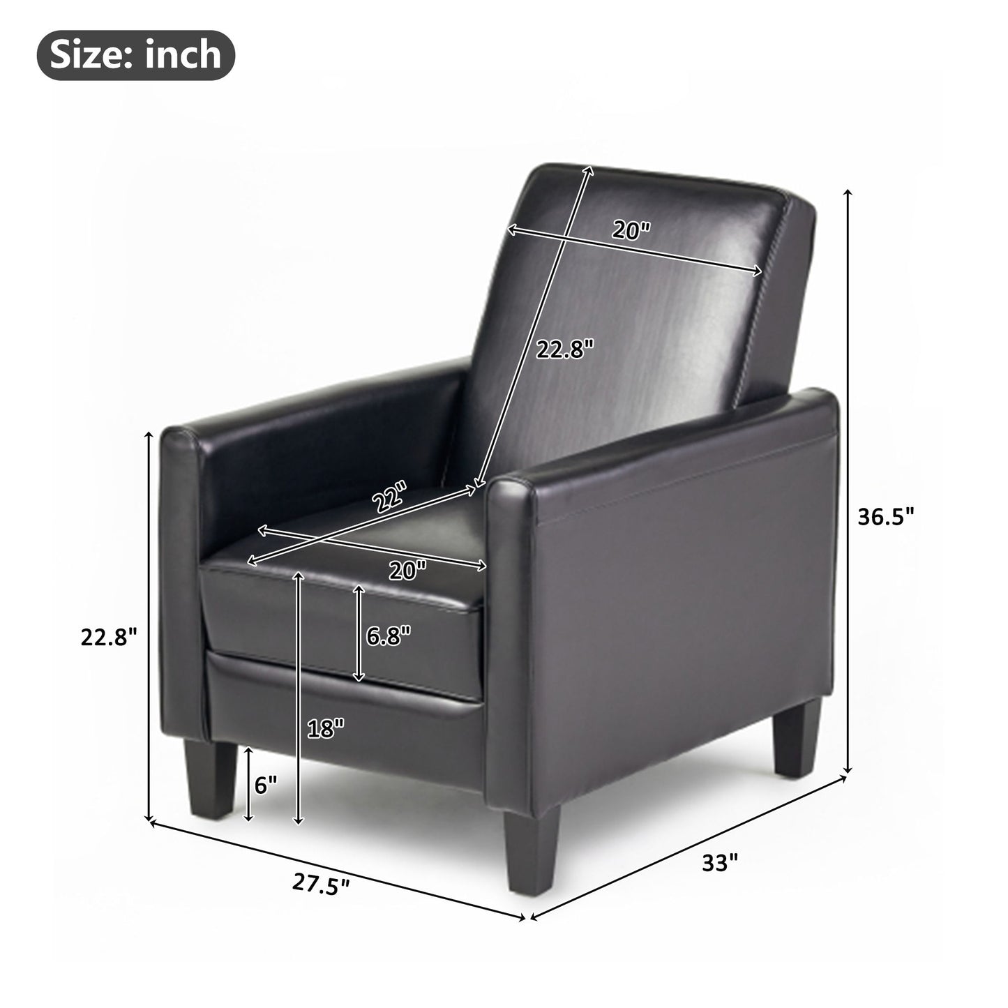 Black leather armchair with measurements labeled on a white background