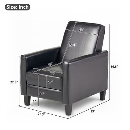 Black leather armchair with measurements labeled on a white background