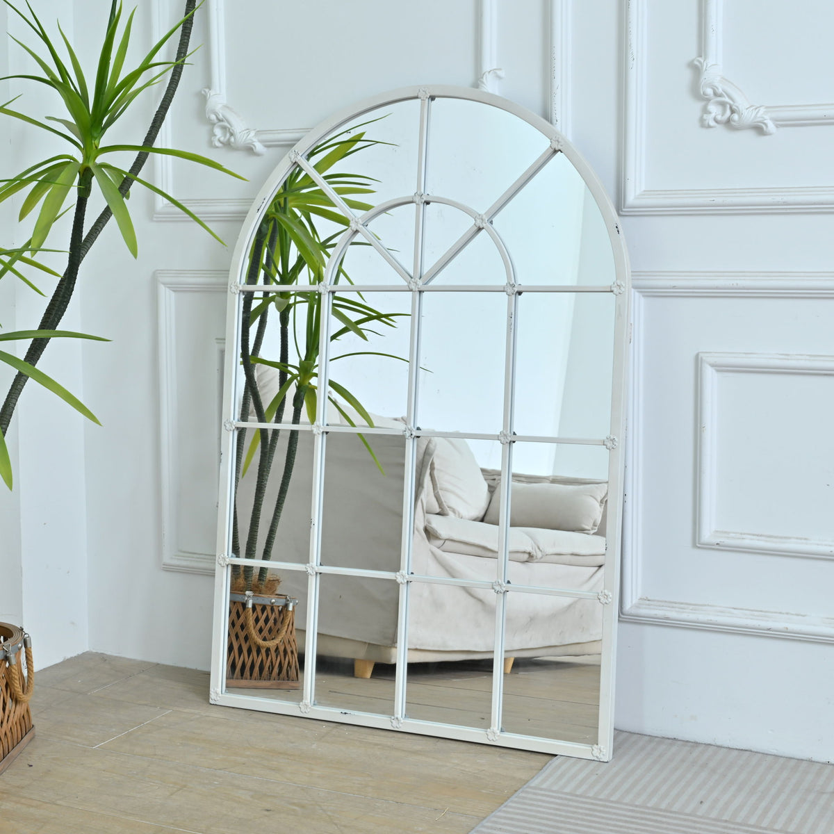 Handmade Arched Mirror, Windows Design For Entryway - White