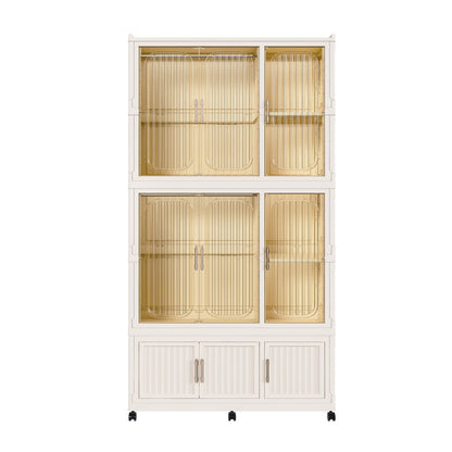 Portable Wardrobe Closet Storage Organizer For Clothes, 9 Magnetic Doors With 9 Cubes & 2 Hanging Rods, 6 Hangers - Cream White