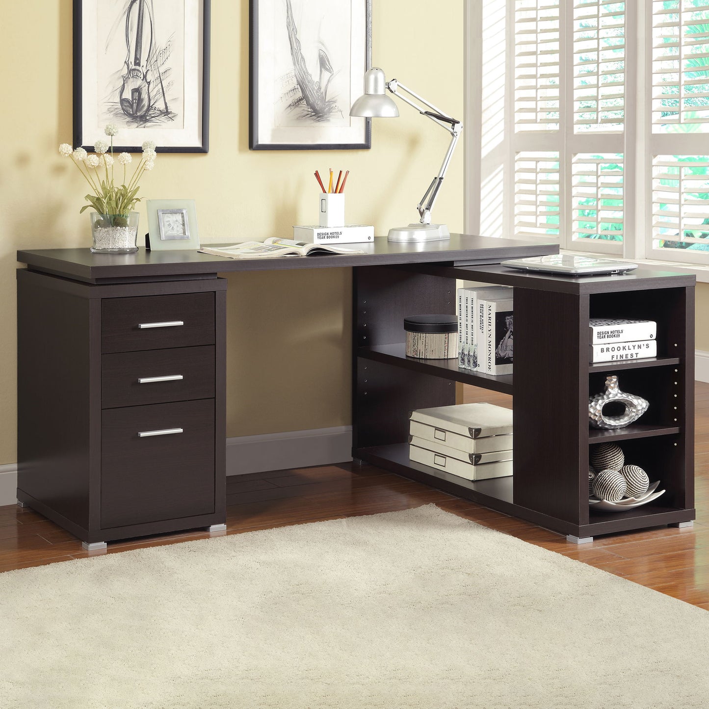 Tona - L-Shape Computer Desk With 3 Drawers And 5 Shelves