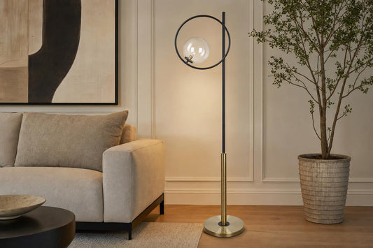 "Glass Orbs" Metal Floor Lamp - Matte Black / Soft Gold / Clear