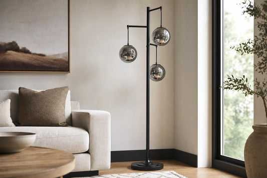 "Globe Cascade" Metal Floor Lamp With Glass Globes - Polished Chrome / Smoked Glass