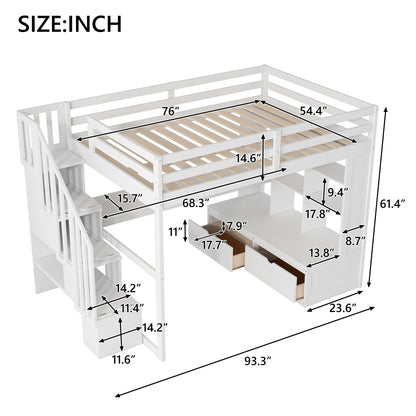 Full Size Loft Bed With Desk And Shelves, 2 Built In Drawers, Storage Staircase - White